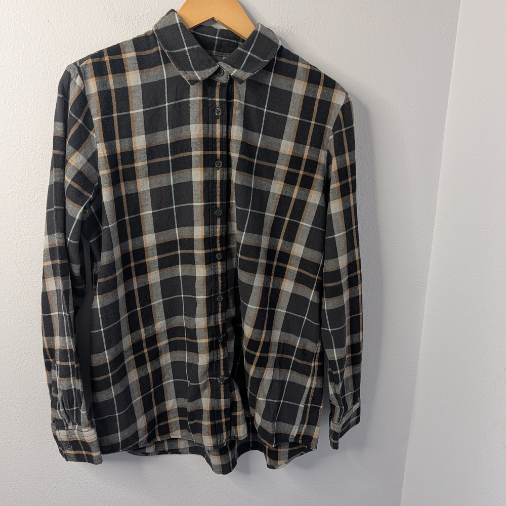 Lands’ End Plaid Flannel Button-Up Shirt | Black Gray Tan | Women’s L (14–16)